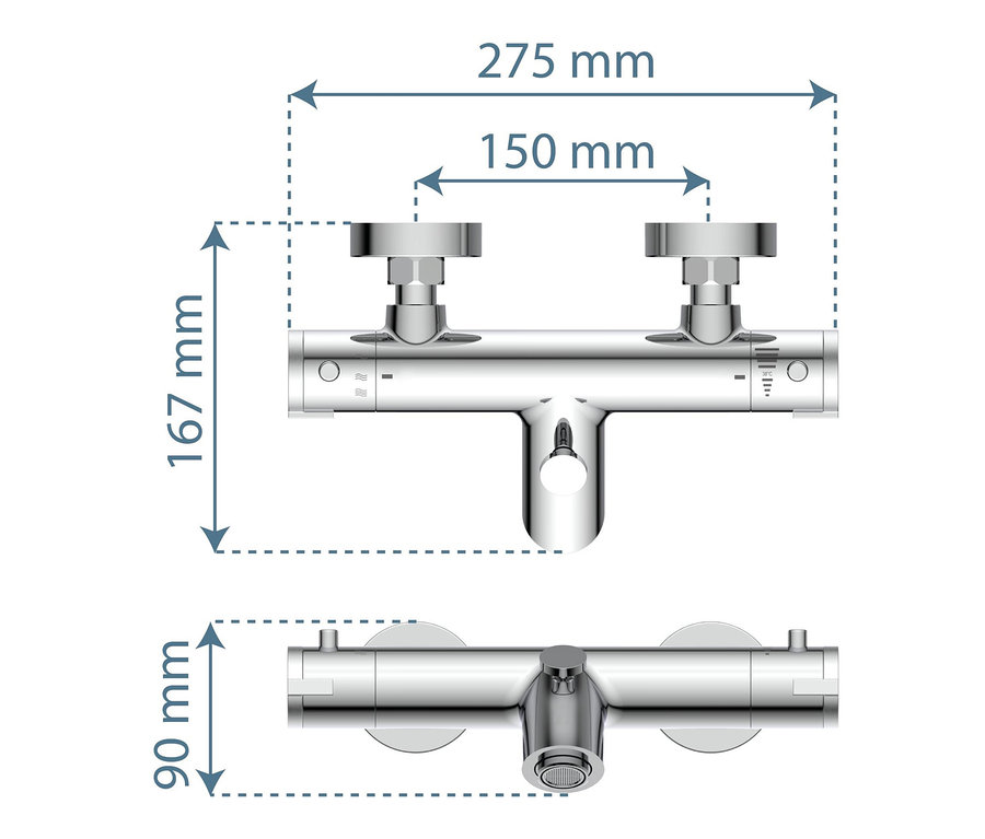 Abmessungen der Thermostat-Wannenarmatur »LONDON«.