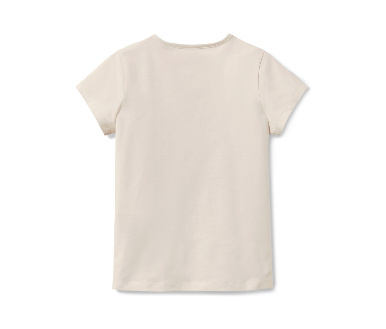 Ein cremefarbenes Kinder-T-Shirt mit kurzen Ärmeln und Wendepailletten liegt auf einem weißen Hintergrund.