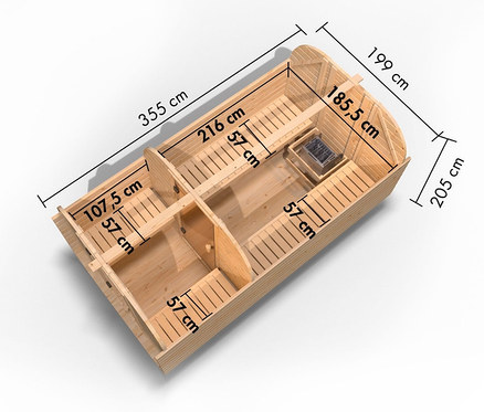 Draufsicht auf die Karibu Fasssauna »Frieda 3« mit Abmessungen.
