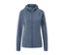 Blaue melierte Sportjacke mit Reißverschluss und Kapuze.