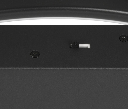Detailansicht einer schwarzen Oberfläche mit einem Schalter und zwei Schrauben.
