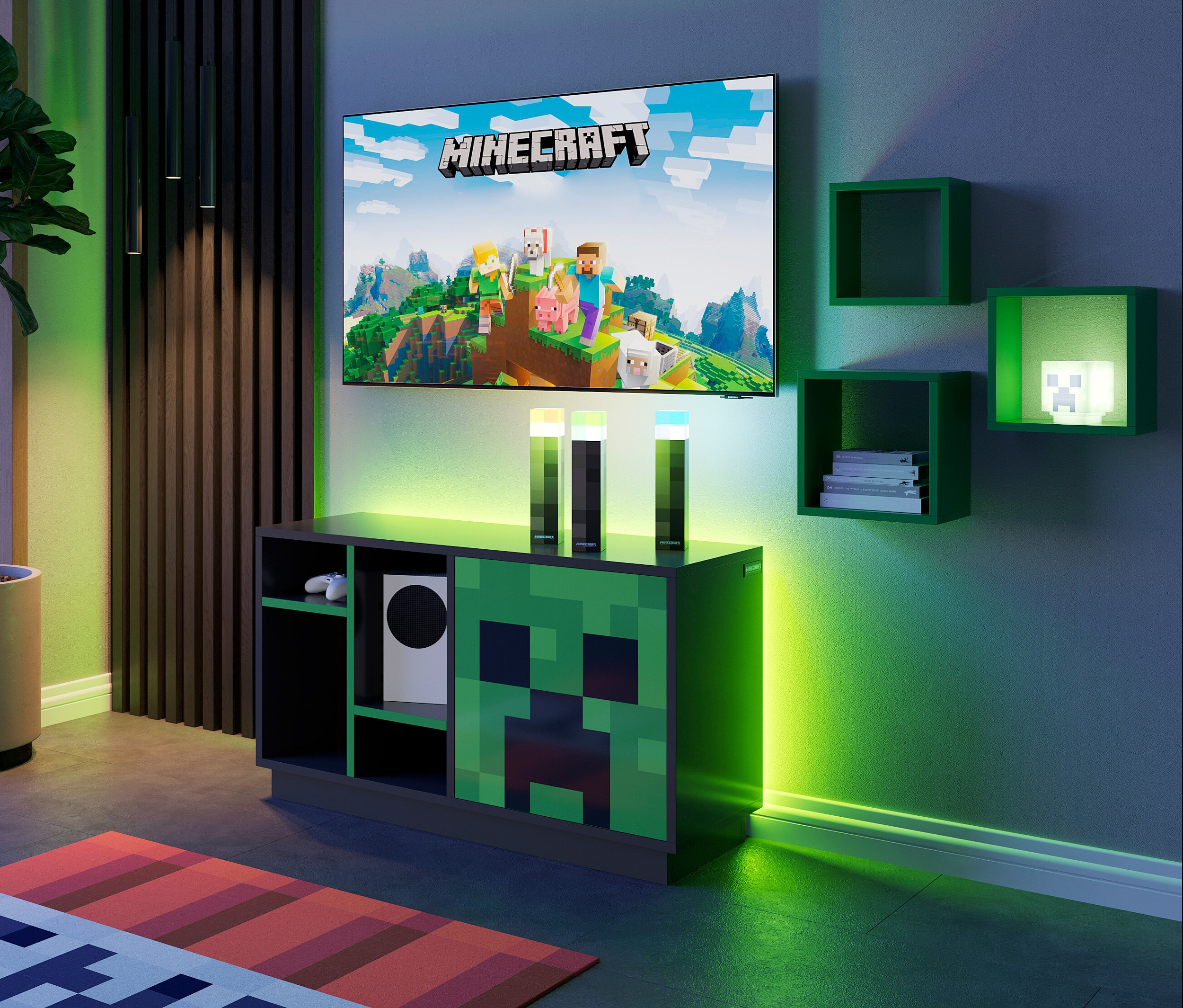 Wohnzimmer mit Minecraft-Fernseher, roba Minecraft TV Lowboard »Creeper«, Pflanze und grünen Regalen.