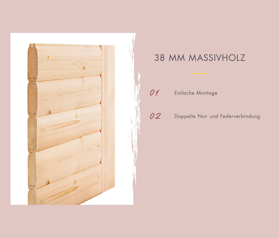 Detail einer Karibu Sauna »Ayla« Wand aus 38 mm Massivholz.