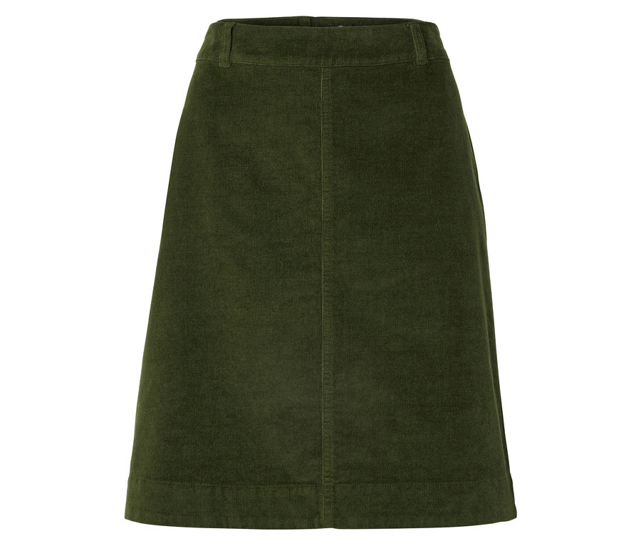 Ein olivgrüner A-Linien-Rock aus Cordstoff vor einem weißen Hintergrund.