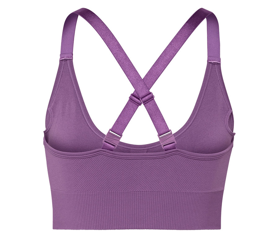 Detailaufnahme eines lilafarbenen Sport-BHs mit gekreuzten Trägern auf der Rückseite.