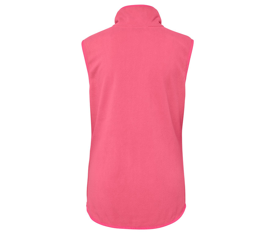 Detail der Rückseite einer pinkfarbenen Fleeceweste mit Kragen.