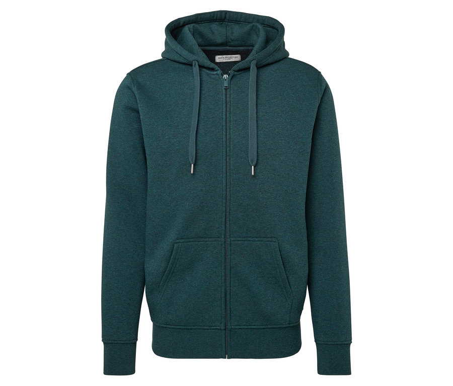 Eine grüne melierte Kapuzenjacke.