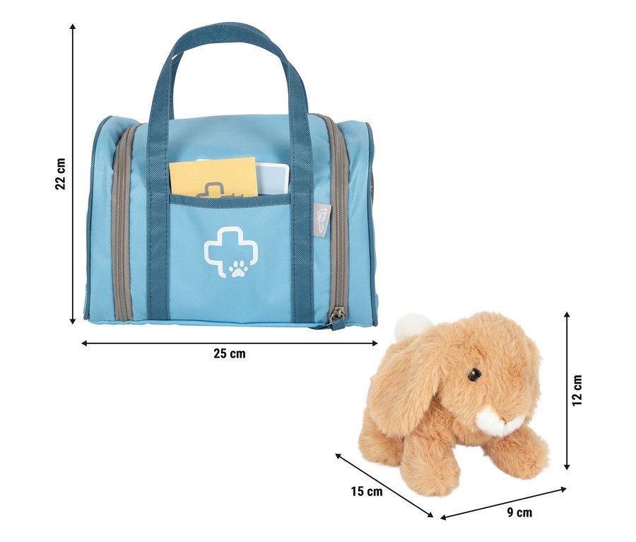 Hellblaue Tasche mit weißem Kreuz und Plüschhase.