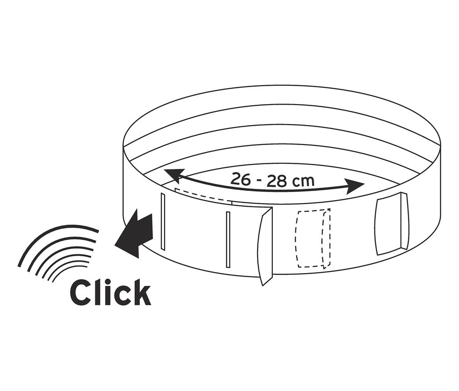 Illustration einer runden Form mit einem Durchmesser von 26-28 cm mit dem Text "Click" und einem Pfeil.