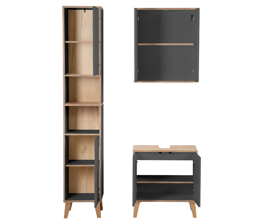 Gezeigt werden ein Roba »Morena« Hochschrank mit zwei Türen und zwei offenen Fächern, weiß mit Artisan-Eiche, sowie ein Roba Waschbeckenunterschrank »Morena« mit zwei Türen, basaltgrau und Artisan-Eiche.