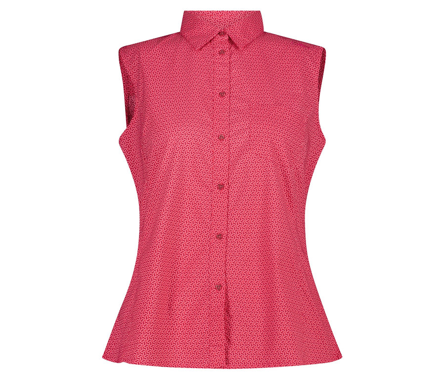 Ärmellose, gemusterte, rote Bluse mit Knöpfen.