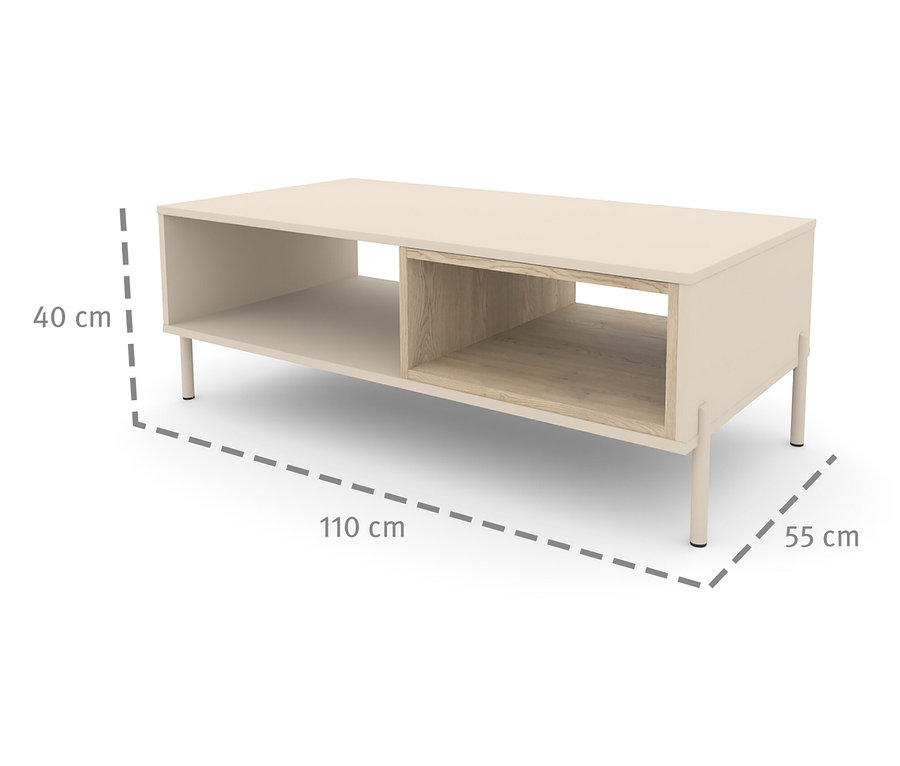 Der Couchtisch »Hygge« in Cashmere-Weiß hat offene Fächer und steht auf Füßen. Die Maße sind 40 x 110 x 55 cm.