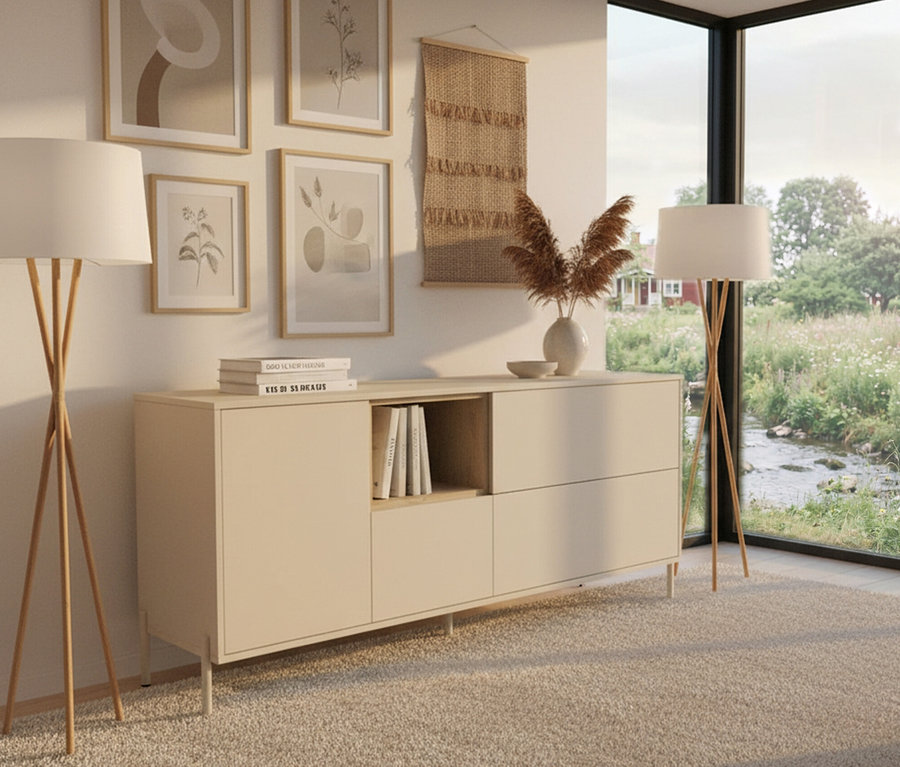 Im Raum steht ein »Hygge« Sideboard in Cashmere-Weiß. Darüber Deko und Bilder. Zwei Stehlampen flankieren das Möbelstück.