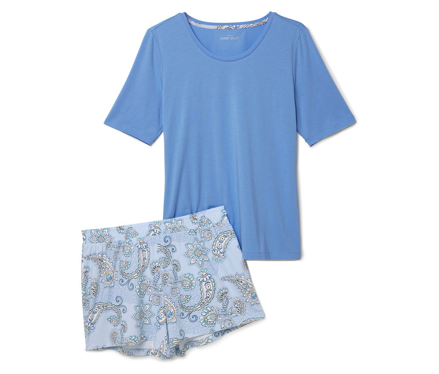 Blaues Shorty-Pyjama-Set, bestehend aus einem T-Shirt und einer kurzen Hose mit Paisleymuster.