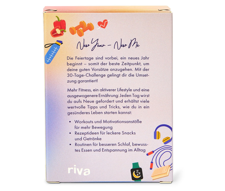 Nahaufnahme einer Produktverpackung mit Texten und Illustrationen von Sportartikeln.