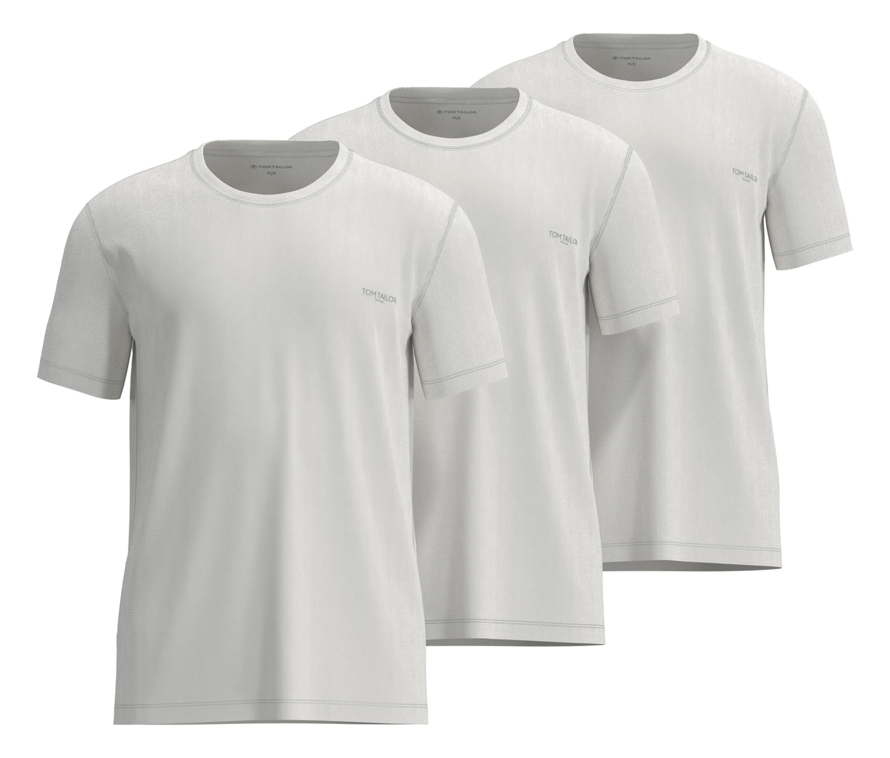 Drei weiße 3 Tom Tailor T-Shirts »Ohio« liegen übereinander.