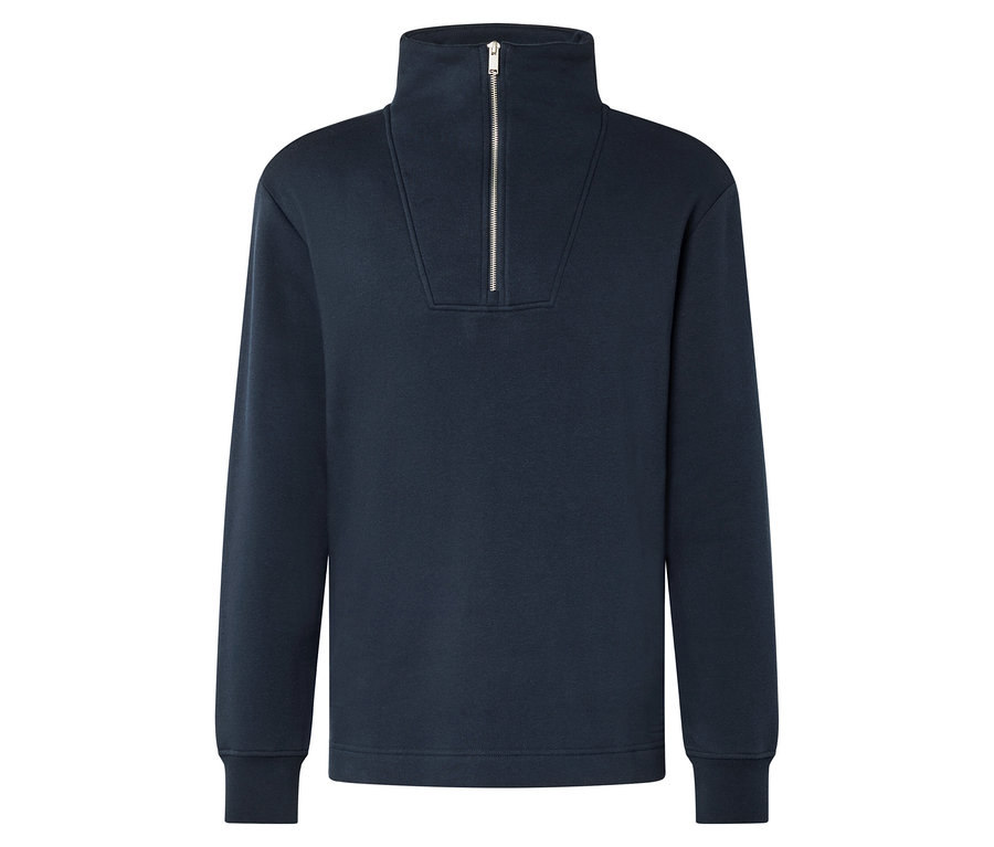 Dunkelblaues Sweatshirt mit Reißverschluss am Kragen.