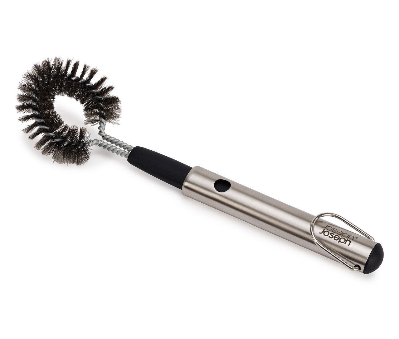 Joseph Joseph Spülbürste mit rundem Bürstenkopf, schwarzem Griff und silbernem Edelstahlkörper vor weißem Hintergrund.