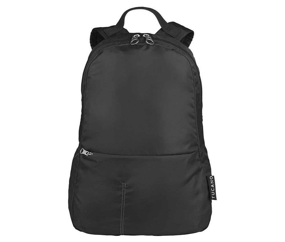 Schwarzer Tucano Rucksack »Compatto Eco« mit Tragegriff, Schultergurten und Reißverschlusstasche. Tucano-Logo unten rechts.