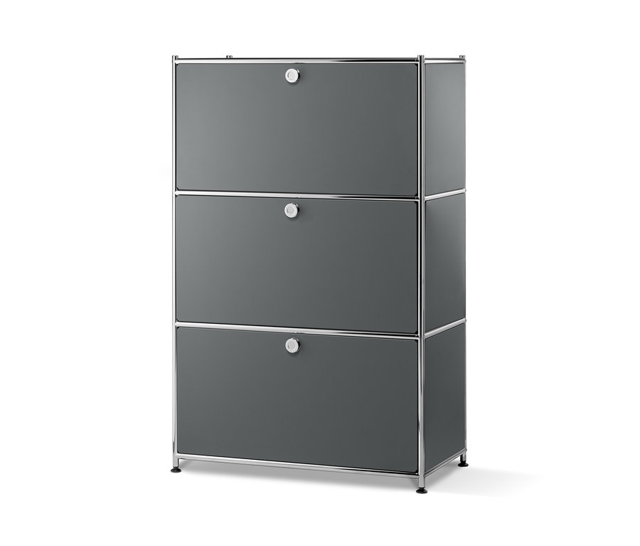Ein mattgraues Metallregal mit 3 Klappfächern.