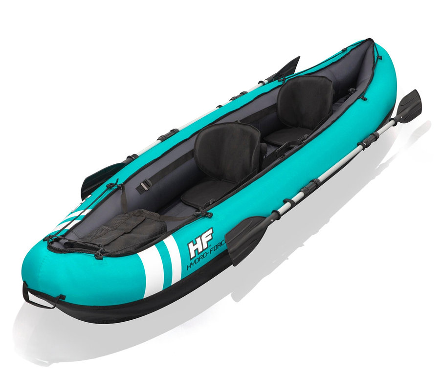 Türkisgrünes Bestway® Kajak-Set »Hydro-Force™ Ventura« für 2 Personen mit schwarzen Sitzen und zwei Paddeln auf weißem Hintergrund.