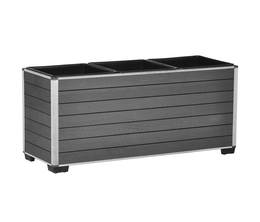 Anthrazitfarbenes Pflanzgefäß aus WPC mit drei Kunststoffeinsätzen, Breite ca. 80 cm.