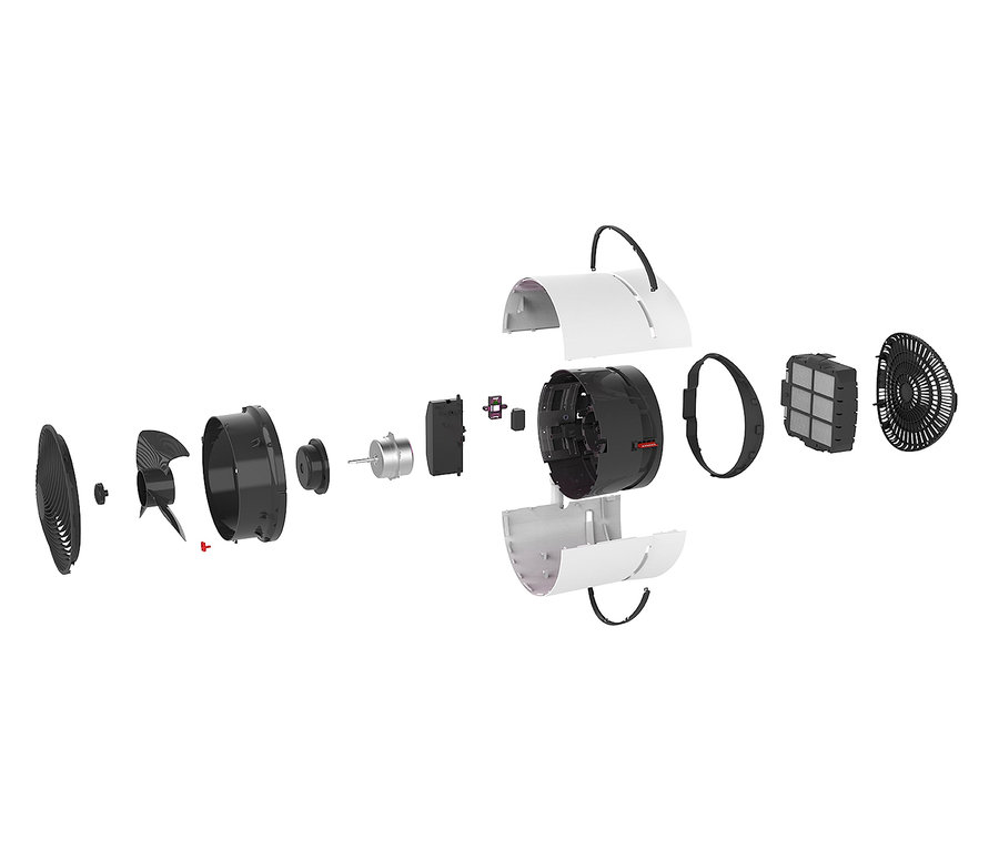 Explosionsdarstellung des Boneco Air-Shower-Ventilators und Luftreinigers »Clean & Cool F220CC« mit verschiedenen Komponenten, die auf einem weißen Hintergrund verteilt sind.