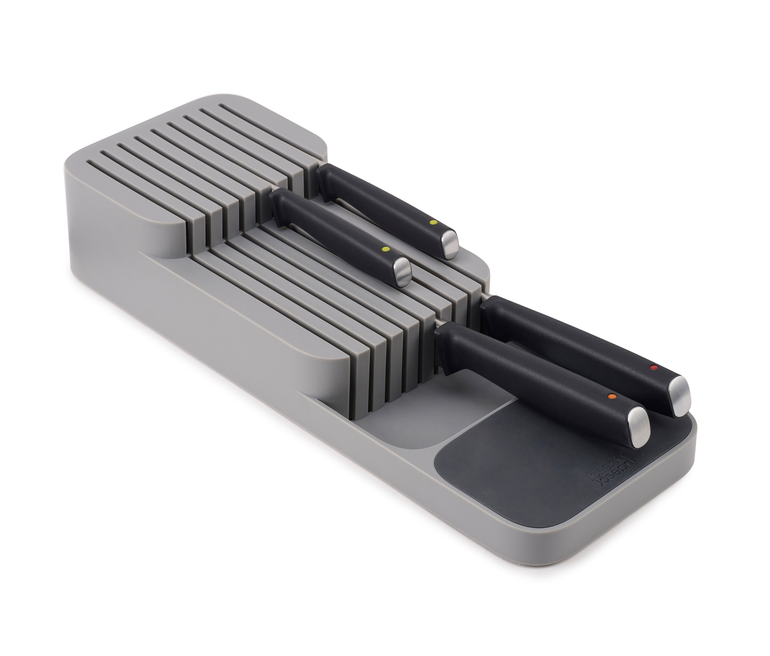 Grauer Joseph Joseph Messerblock »DrawerStore™« mit vier Messern mit schwarzen Griffen.