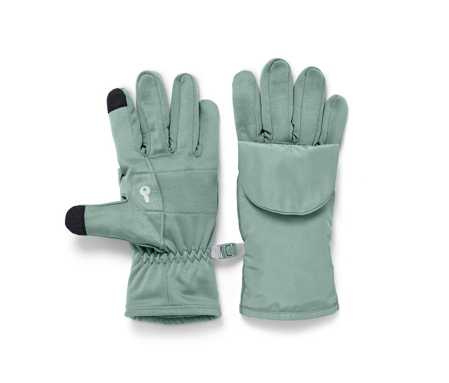 Zwei hellgrüne Klapp-Laufhandschuhe liegen nebeneinander.