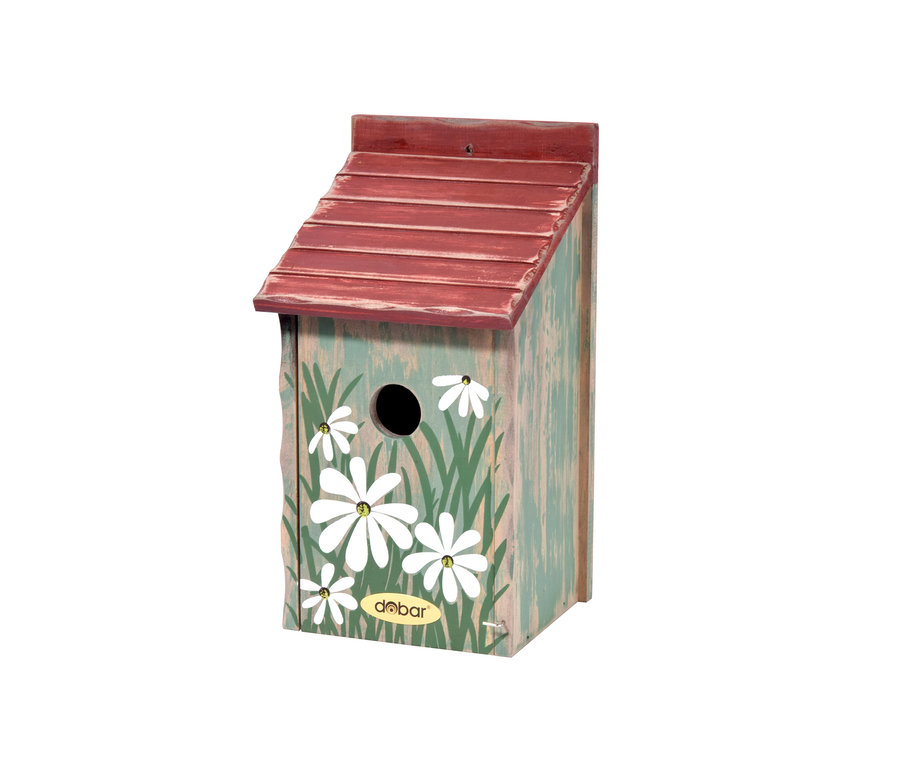 Bunter Dobar-Nistkasten mit Einflugloch und rotem Dach.