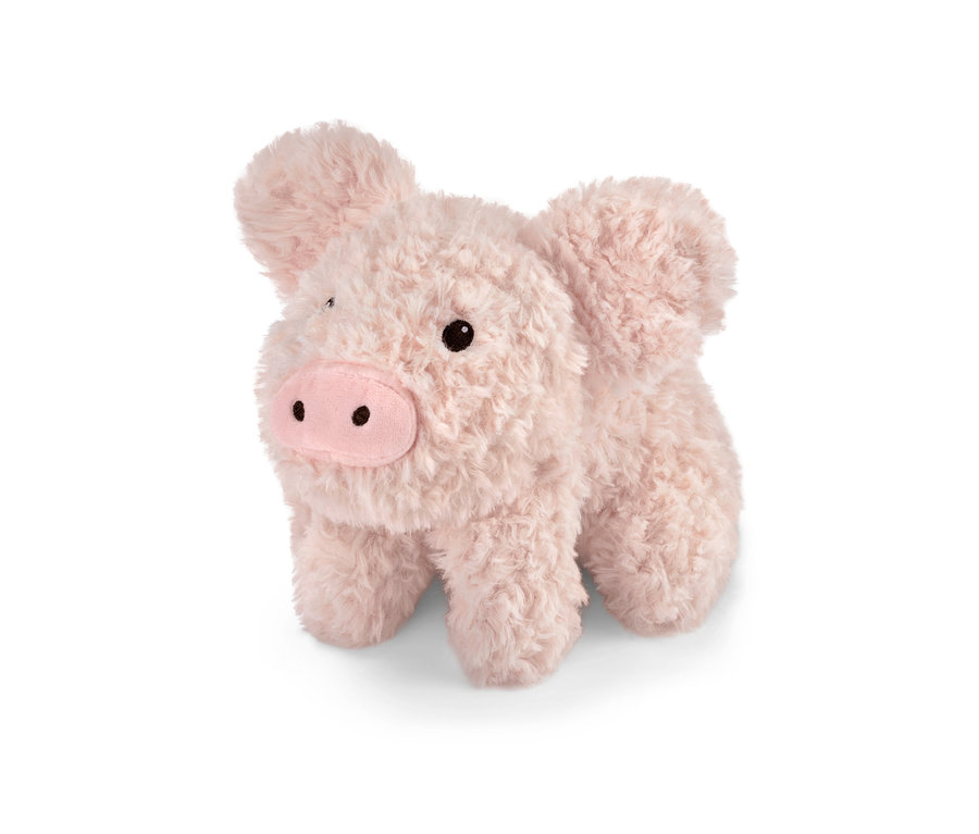 Ein Plüschtier »Schwein« steht auf einem weißen Hintergrund.