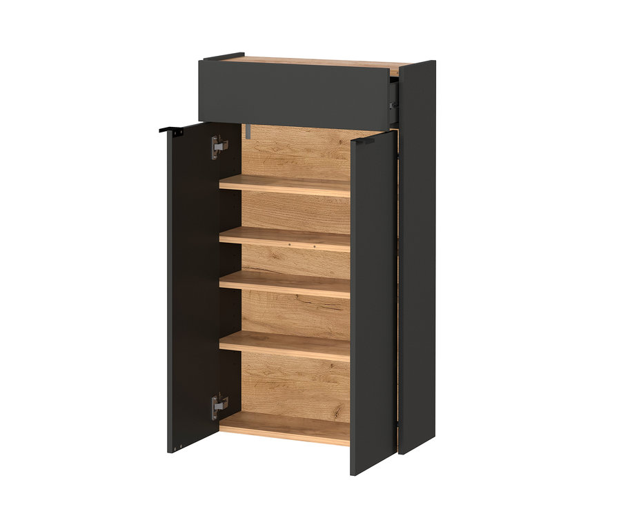 Geöffneter graphitfarbener Mehrzweckschrank Ameca mit Holzeinlegeböden.