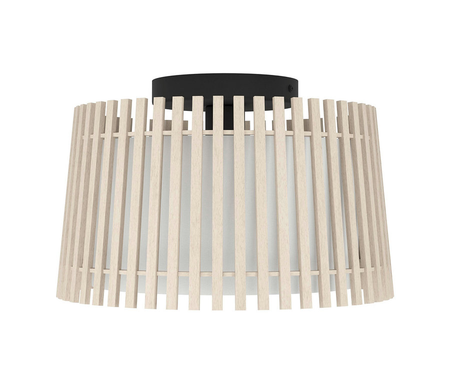 Eglo Deckenleuchte »Fattoria« mit schwarzer Basis und Holzlamellen um einen weißen Lampenschirm.