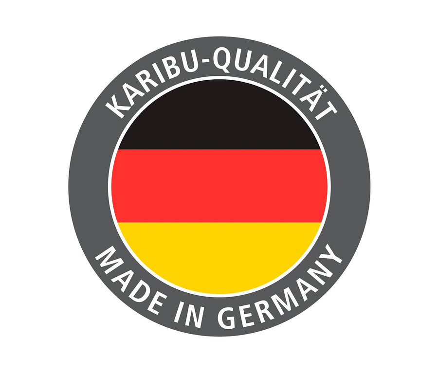 Logo Karibu-Qualität Made in Germany mit Deutschlandflagge.