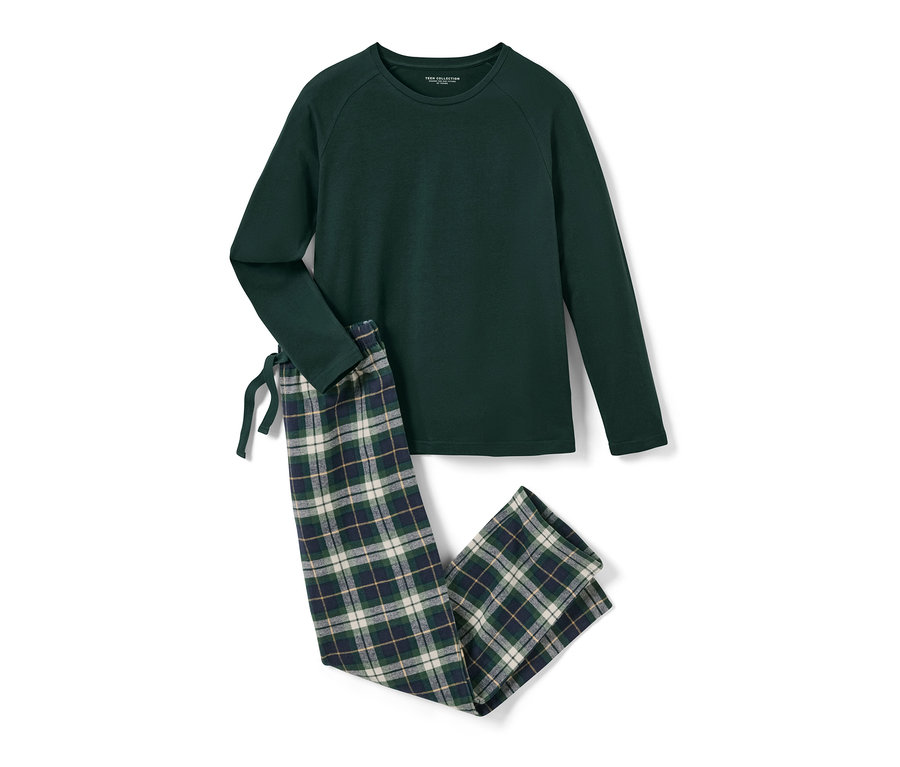 Kinder-Flanell-Pyjama: grünes Oberteil und karierte Hose.