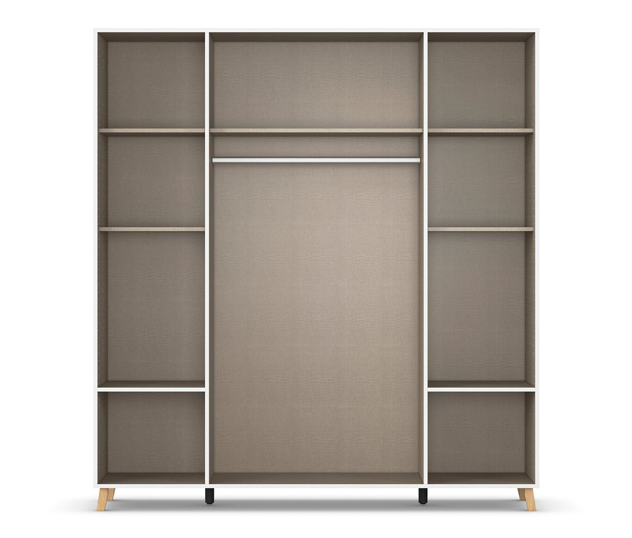 Weißer Rauch Drehtürenschrank »Shinjo« mit Regalen und grauem Hintergrund.