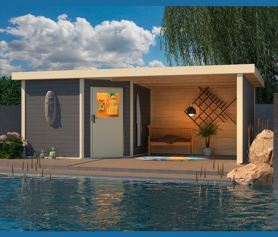 Graues Karibu Gartenhaus mit 3,20 m Anbaudach und Bank steht am Wasser.
