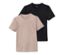 Zwei kurzärmelige T-Shirts: ein beiges T-Shirt mit Merinowolle im Vordergrund und ein schwarzes T-Shirt im Hintergrund.