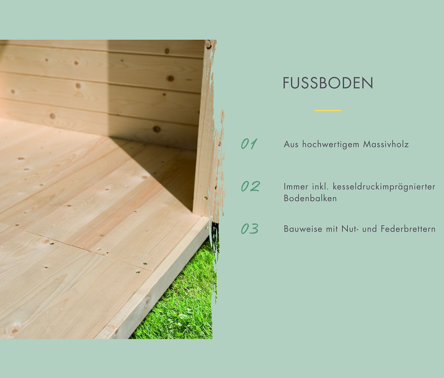 Boden aus Massivholz mit Nut- und Federbrettern.