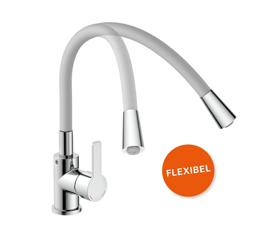 Eine Chrom Eisl-Spültischarmatur »Flexo« mit flexiblem, grauem Auslauf.
