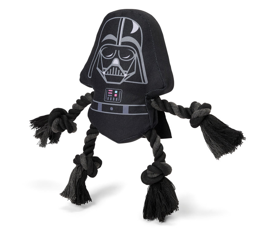 Schwarzes Darth Vader Hundespielzeug mit Seilgliedmaßen.
