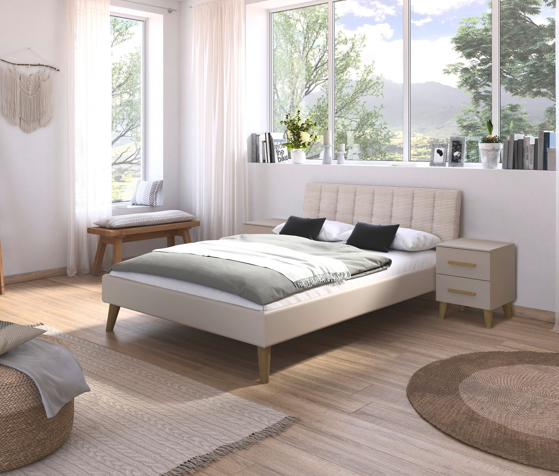 Schlafzimmer mit weißem rauch Bett »Mavi-Extra« mit Polsterkopfteil, Nachttisch und Holzelementen.