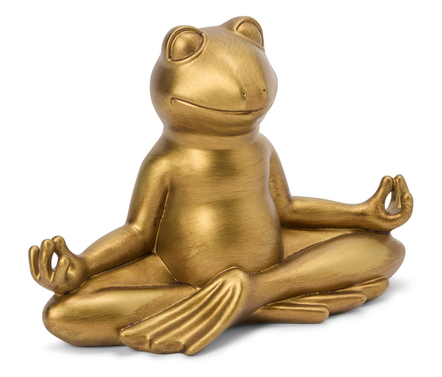 Goldene Froschstatue, die im Lotussitz sitzt und die Hände in einer Mudra hält.
