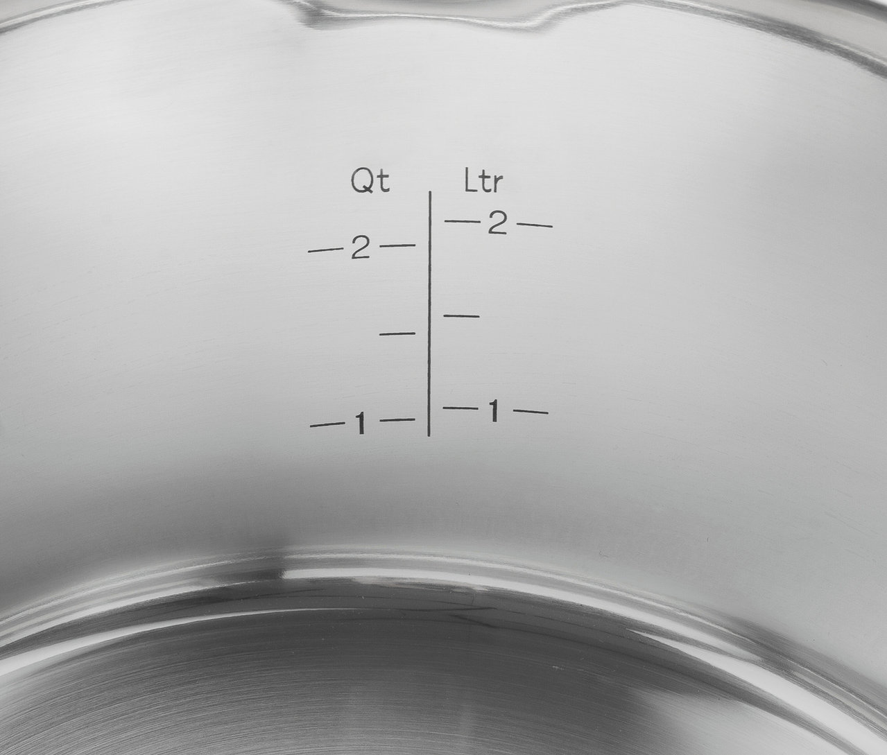 Innenansicht eines Edelstahltopfes mit Markierungen für Liter und Quarts.