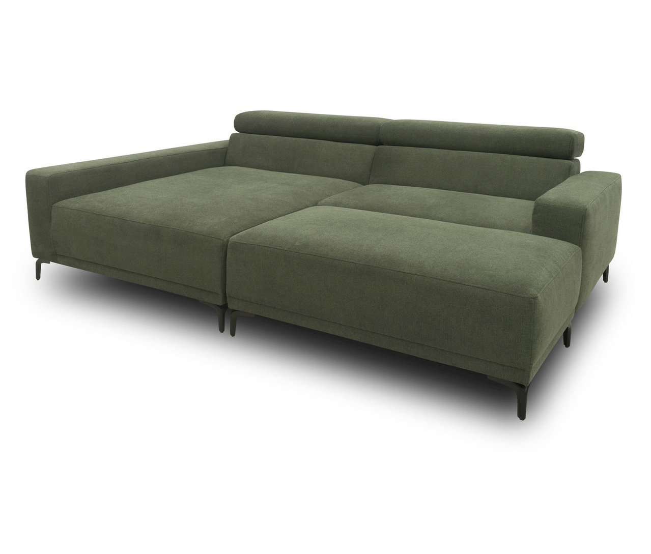 Grünes DOMO Eck-Schlafsofa mit Hocker, linksbündig.