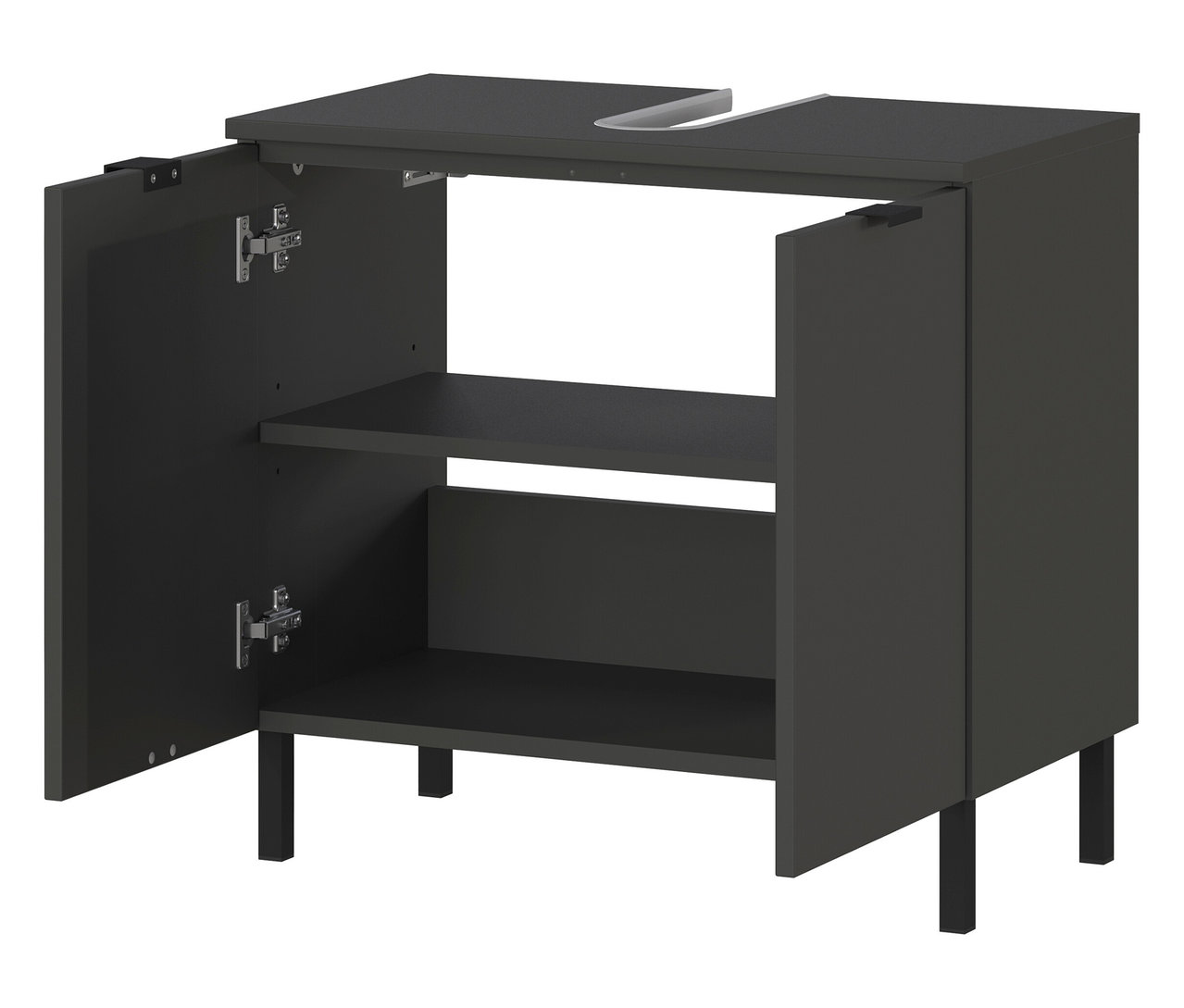 Geöffneter graphitfarbener Waschbeckenunterschrank »Arcena«.