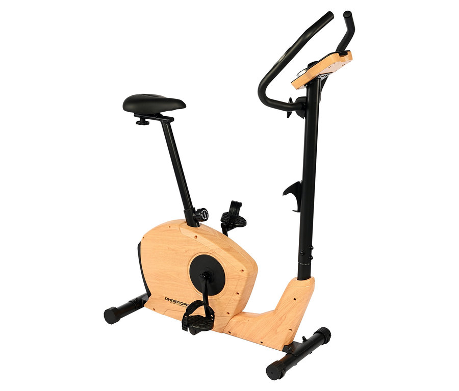 Heimtrainer mit Sitz und Lenker, der Rahmen hat eine helle Holzverkleidung und schwarze Metallelemente.