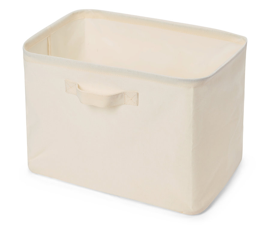 Beige Stoffaufbewahrungsbox mit Griff.