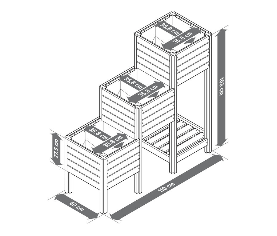 Eine Schemazeichnung der Pflanztreppe »Tinus« mit Regalboden, inklusive Maßangaben.