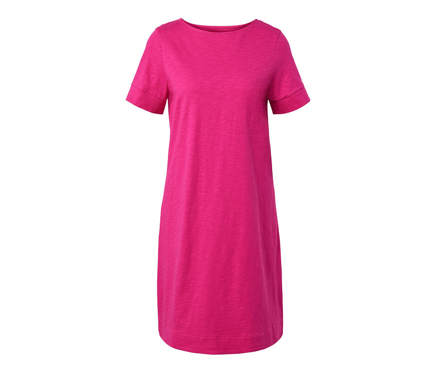 Pinkes Jerseykleid mit kurzen Ärmeln.